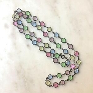Vintage Bezel Set Crystal Necklace Pastel Rainbow Faceted Crystals - 30"